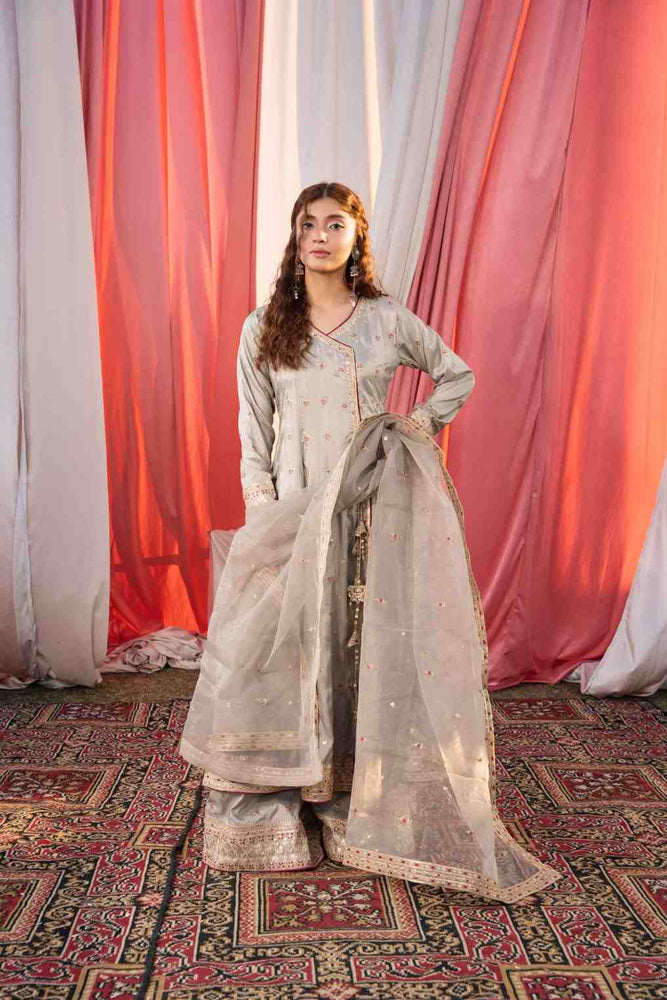 grey embroidered dress Greek Archaic Kori Grey Feather Embroidered Dress S