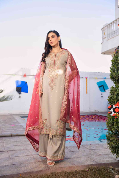 Ash Grey Long Embroidered Kurta Set