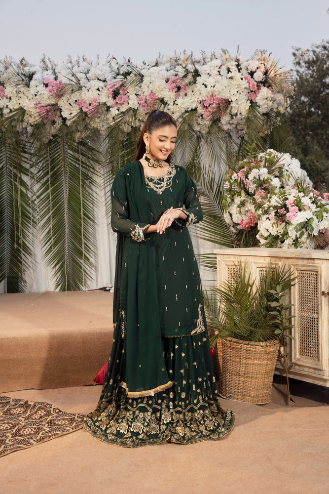bottle green sharara dress Bottle Green Embroidered Gharara Suit