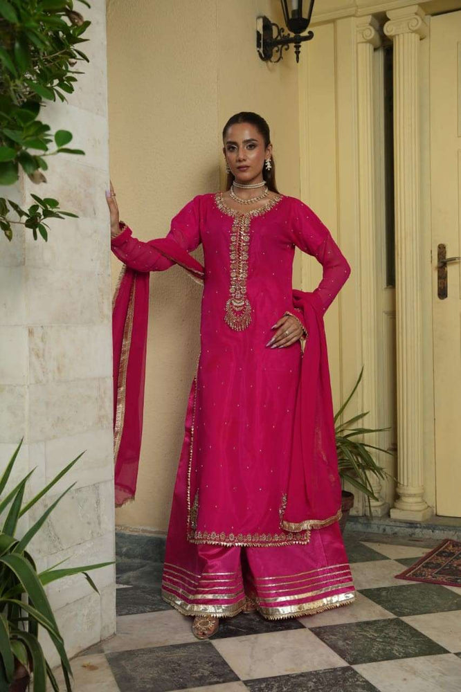 Shocking pink embroidered kurta set