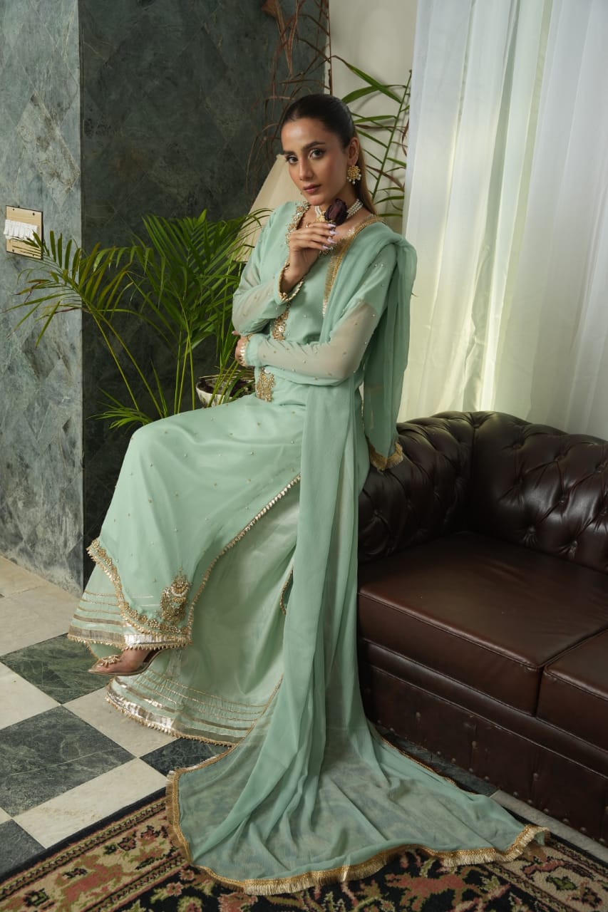 Tea Green embroidered kurta set