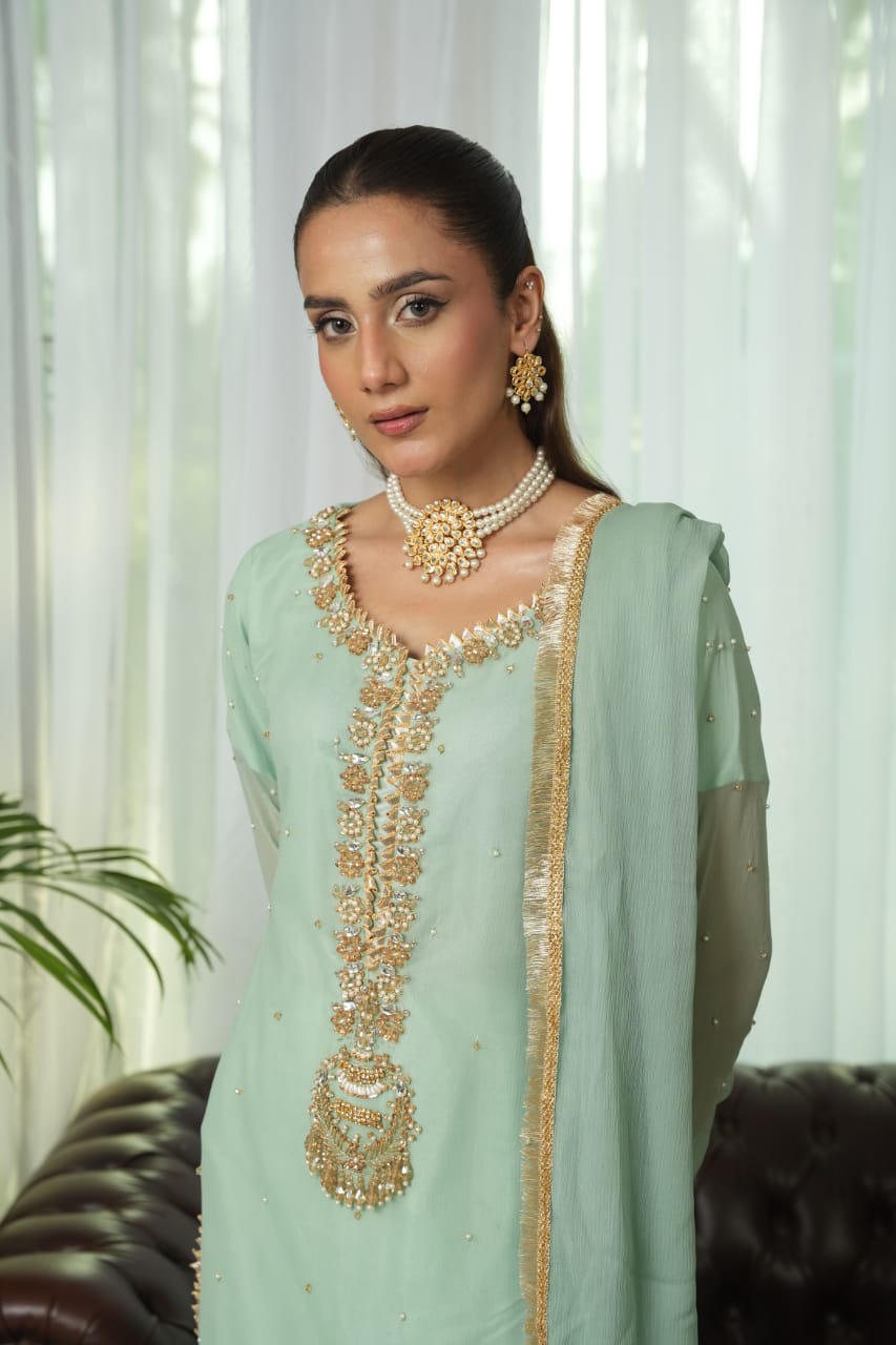 Tea Green embroidered kurta set