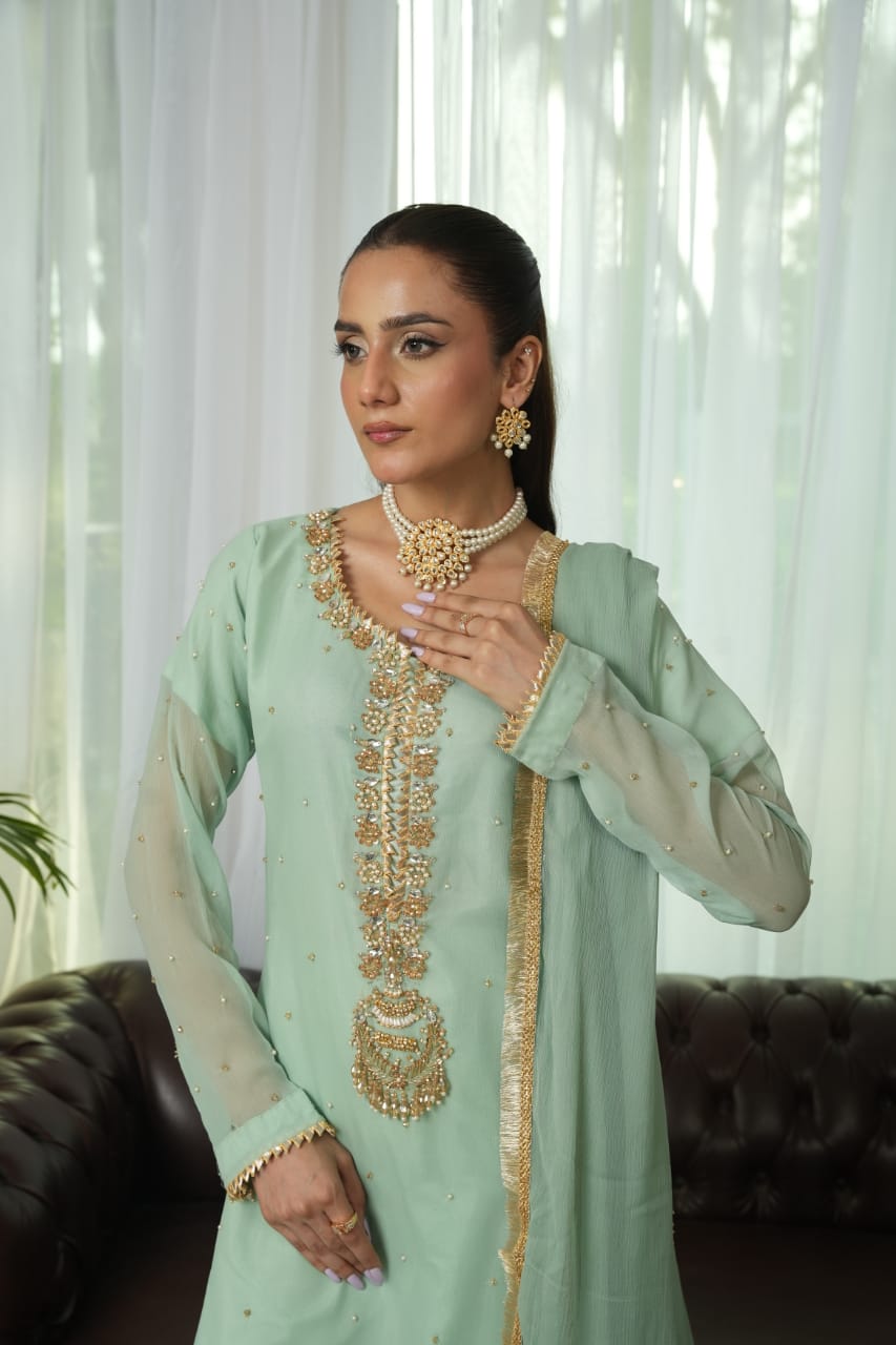 Tea Green embroidered kurta set