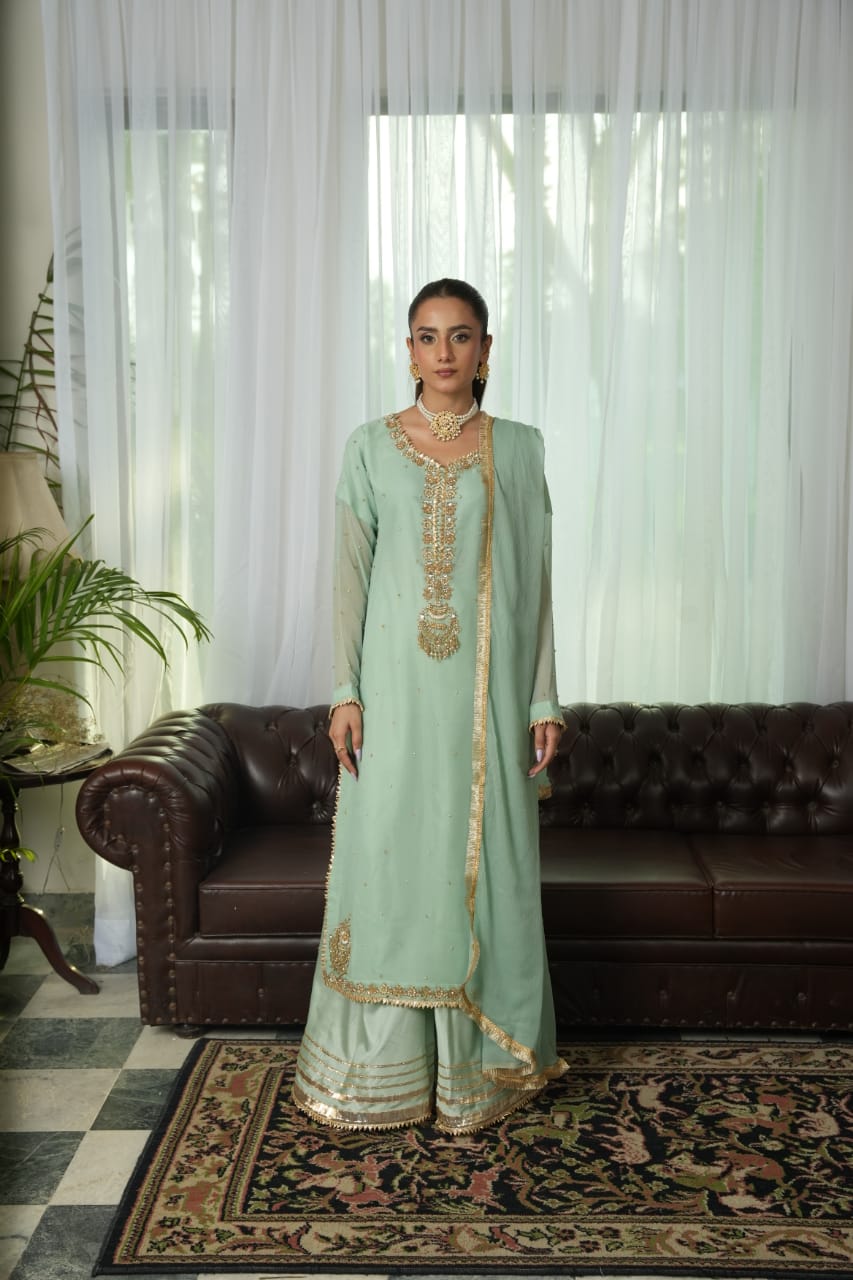 Tea Green embroidered kurta set