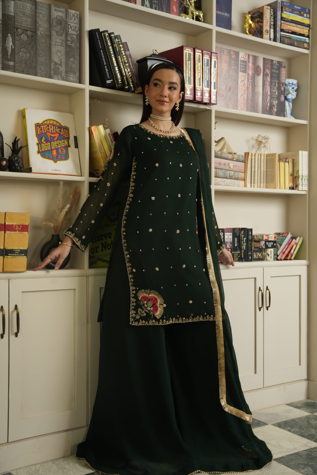 Bottle green sharara set