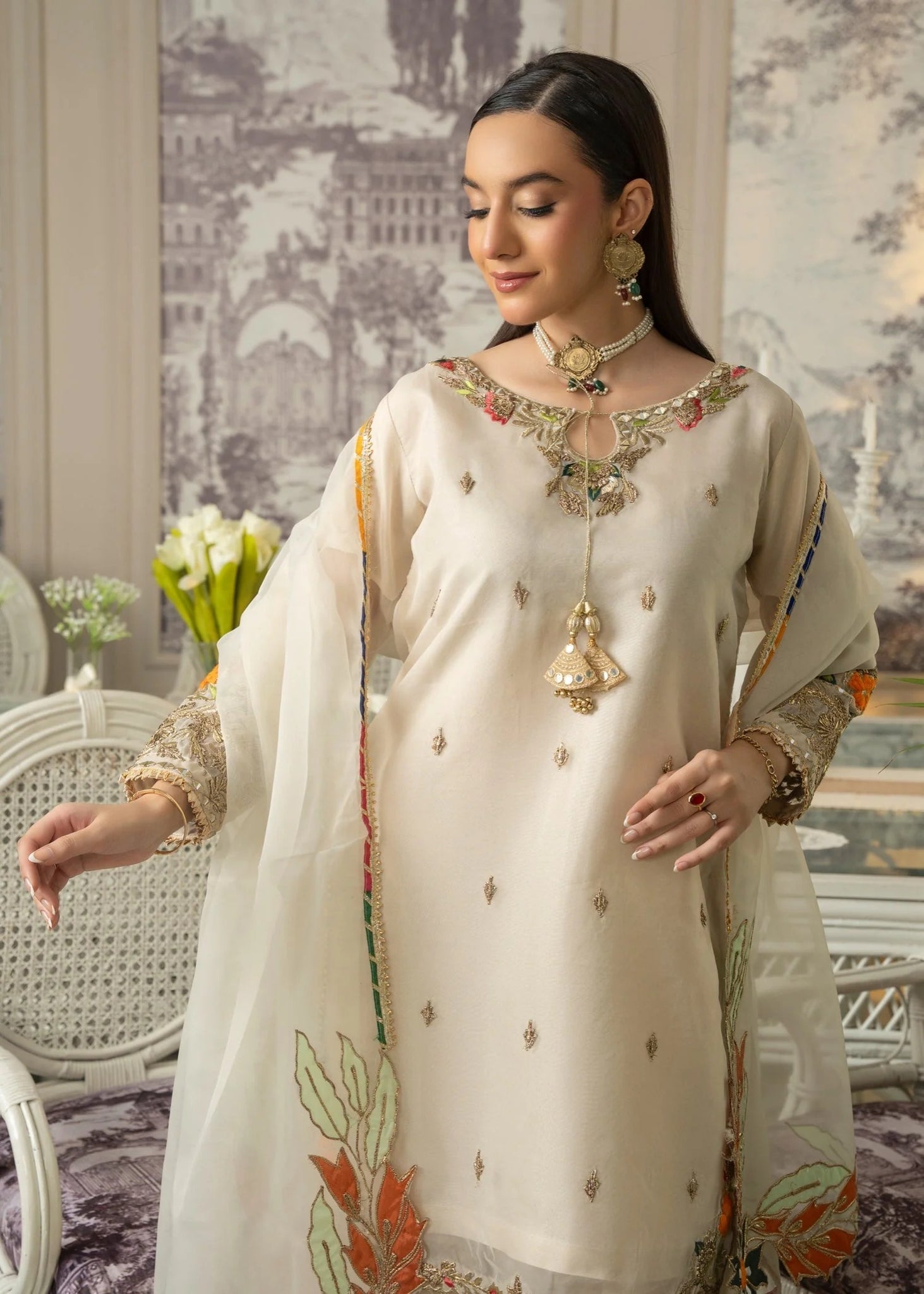 Beige Embroidered Kurta set