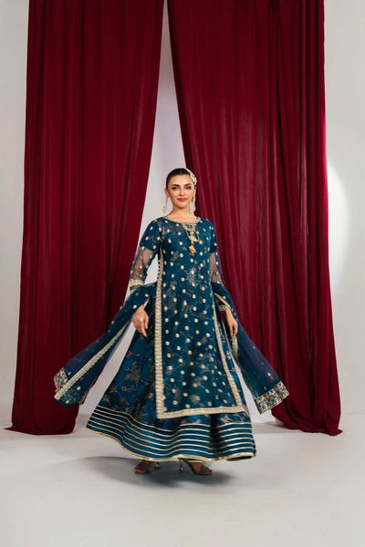 Blue Kattan Silk Pishwas Maxi with Trouser